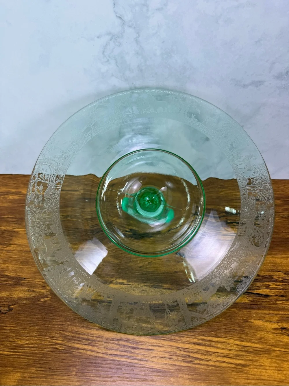 Vintage Tiffin Deerwood Uranium Glass Center Handle Tidbit Tray Etched Deer